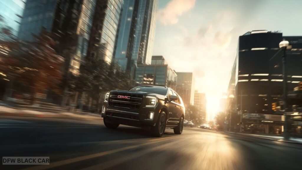 Luxury black car traveling to Dallas-Fort Worth International Airport for a seamless, premium transfer.