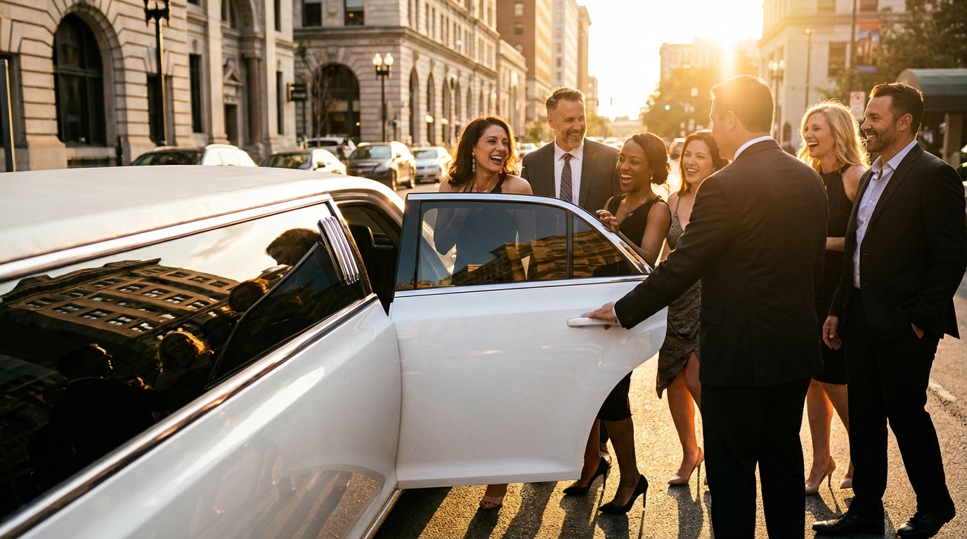 Group of friends in party attire stepping into a white stretch limousine at night in Dallas for a milestone birthday celebration.