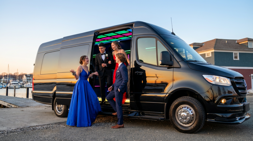 Teens dressed in formal prom attire step out of a sleek black Sprinter limo and pose together for photos on the sidewalk at sunset.