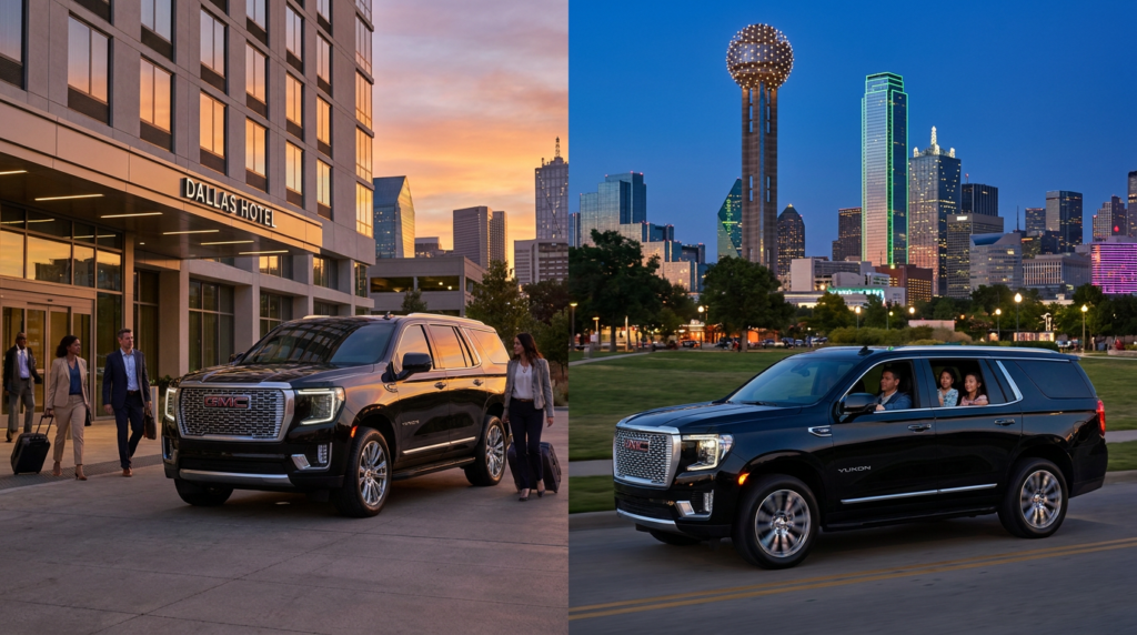 Luxury SUV shown in two scenarios comparing point-to-point service and city tour service in Dallas.