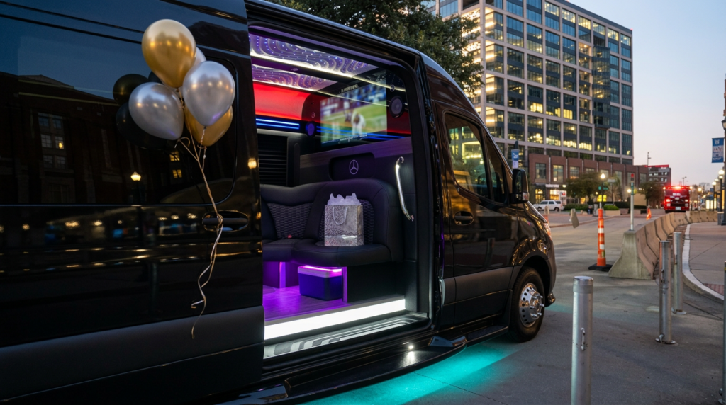 Mercedes Sprinter party van ready for milestone birthday transportation with luxury interior and group seating.