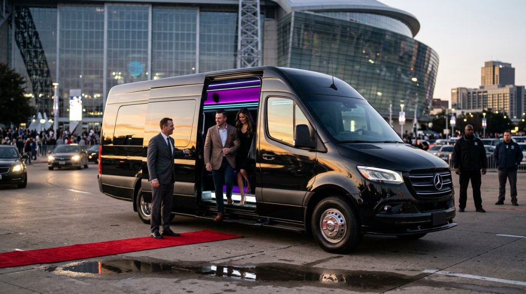 Couple stepping out of a private sprinter and receiving VIP treatment at a stadium event.